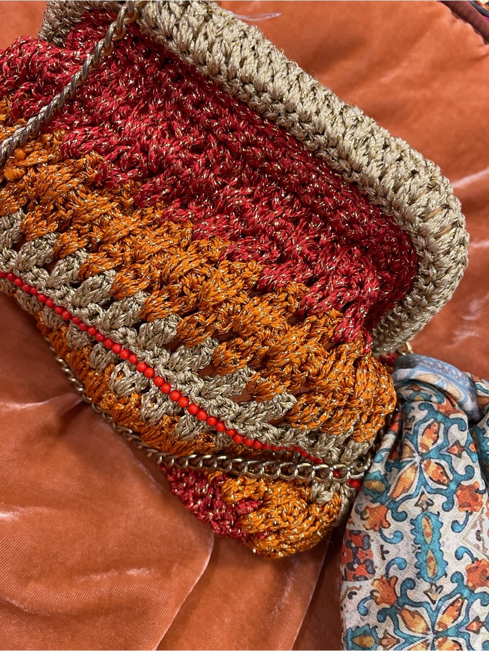 Free People Crocheted Crossbody Bag in Red, Orange, Tan - Picture 2 of 12